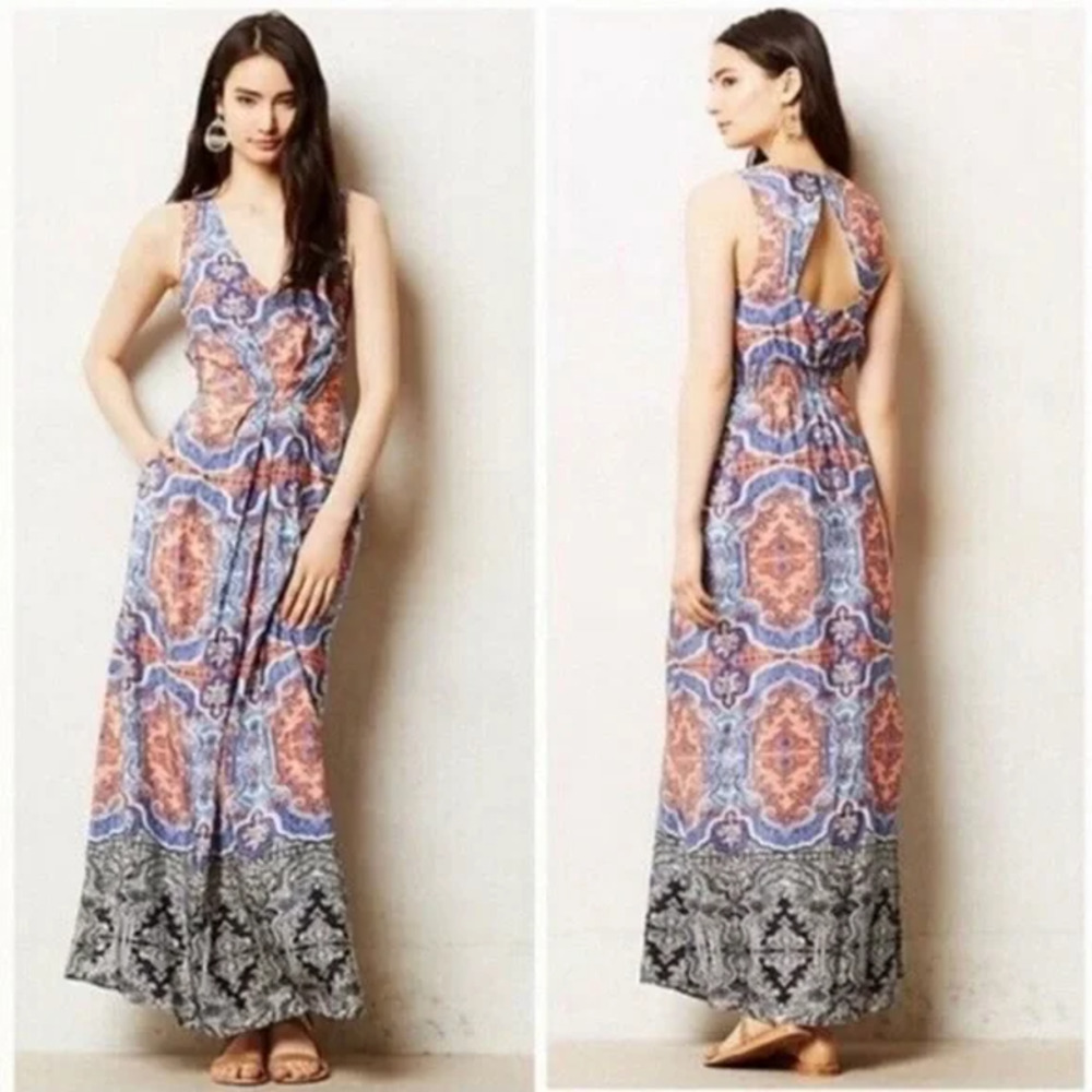 Anthropologie Blue and Orange Maxi Dress